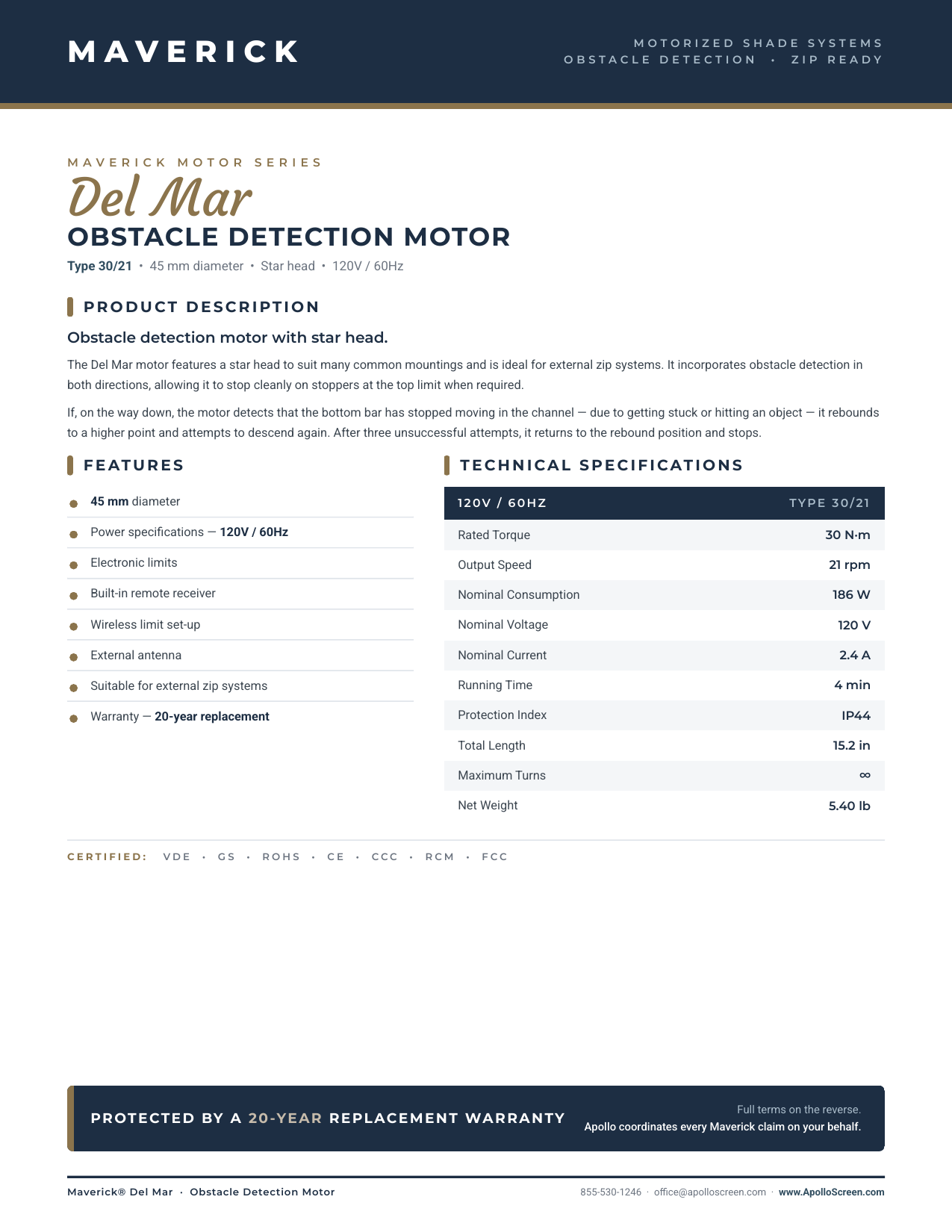 Maverick Del Mar OD obstacle-detection motor specification sheet