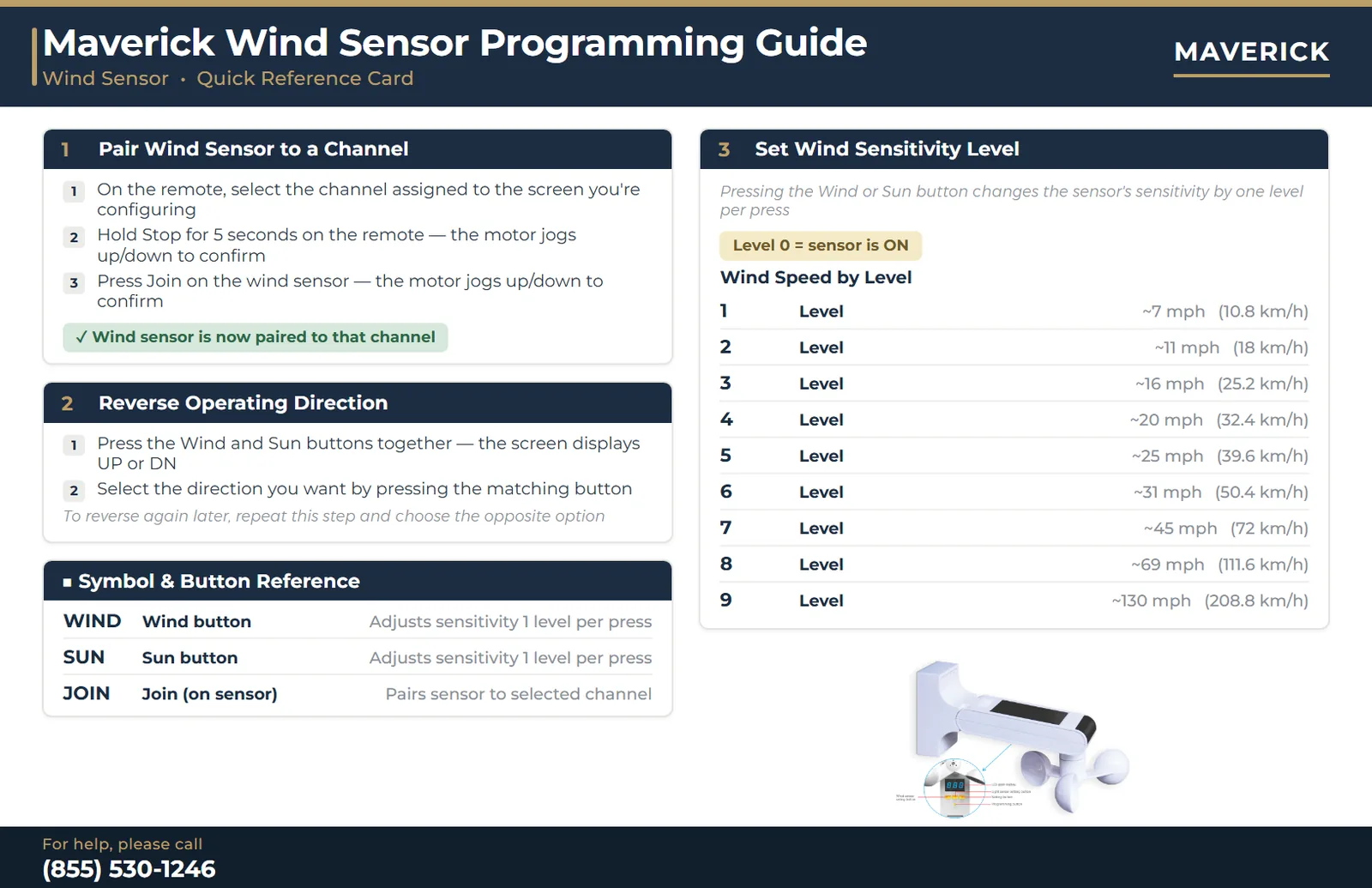 Maverick wind sensor programming guide — pair to a channel, reverse direction, set wind sensitivity level 1 through 9